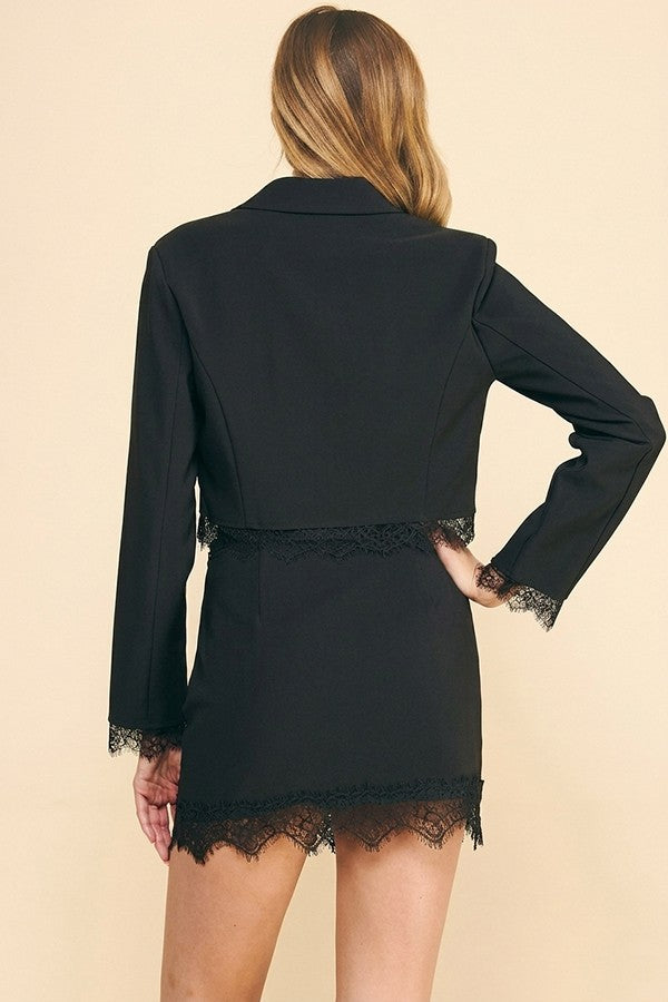 Twill Lace Hem Cuff Cropped Lined Blazer Jacket Top