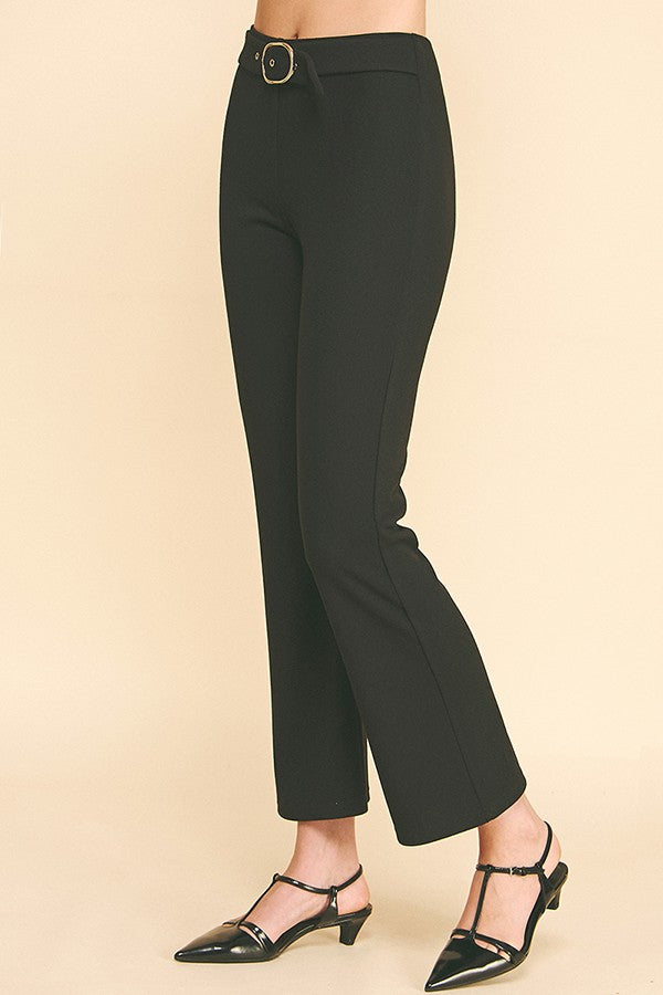 Sweater Knit Silver Buckle Belt Trim Flared Trousers