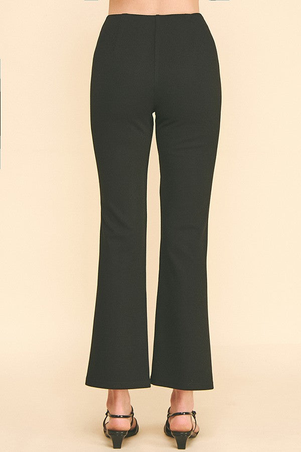 Sweater Knit Silver Buckle Belt Trim Flared Trousers