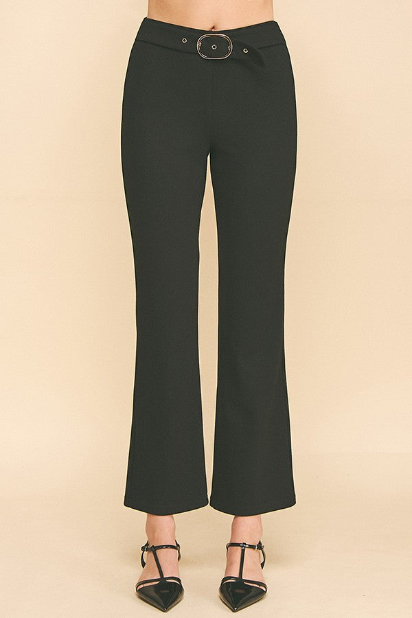 Sweater Knit Silver Buckle Belt Trim Flared Trousers