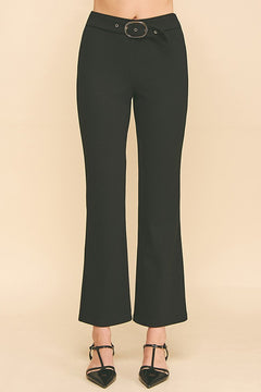 Sweater Knit Silver Buckle Belt Trim Flared Trousers