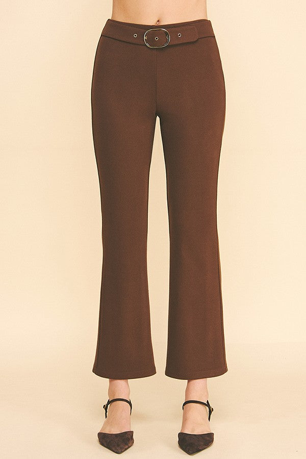 Sweater Knit Silver Buckle Belt Trim Flared Trousers