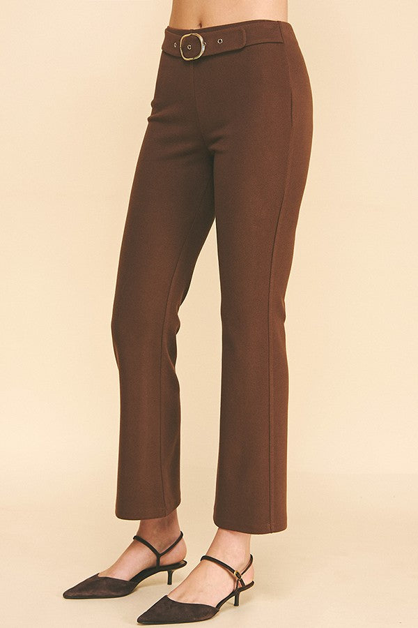 Sweater Knit Silver Buckle Belt Trim Flared Trousers