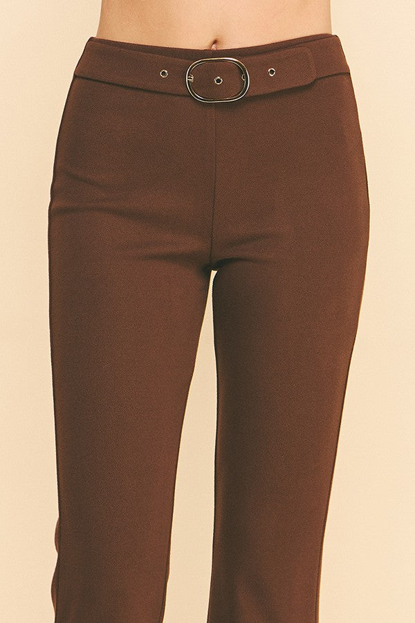 Sweater Knit Silver Buckle Belt Trim Flared Trousers