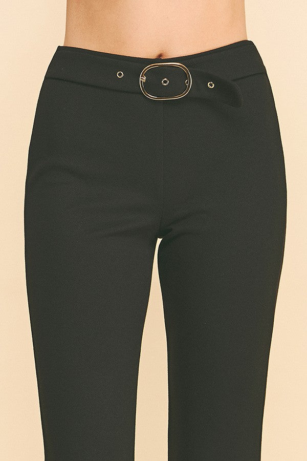 Sweater Knit Silver Buckle Belt Trim Flared Trousers