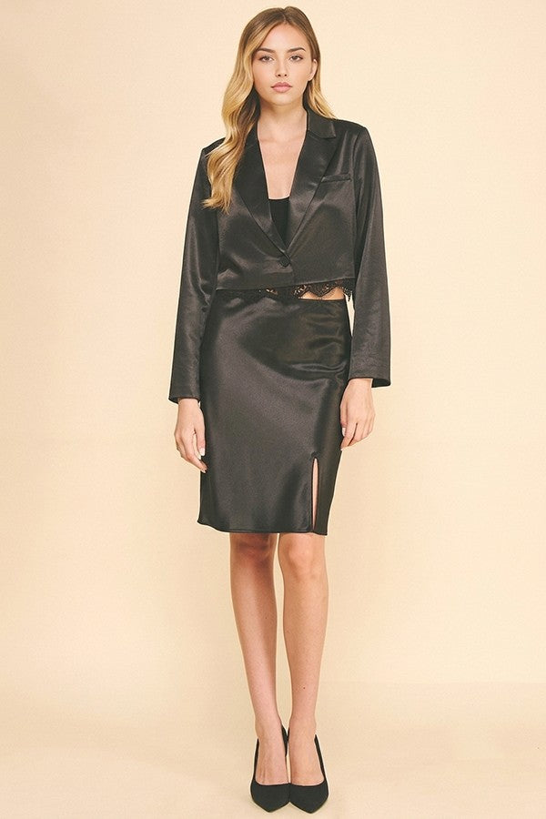 Twilled Charmeuse Lace Hem Cuff Cropped Lined Blazer Jacket