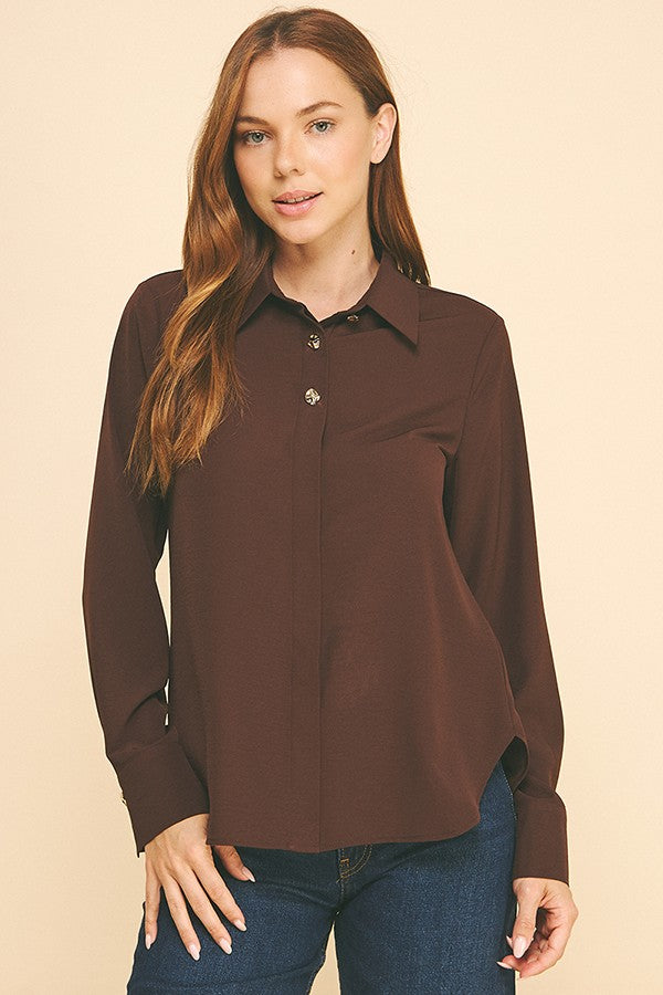 Textured Crepe Double Button Collar Blouse