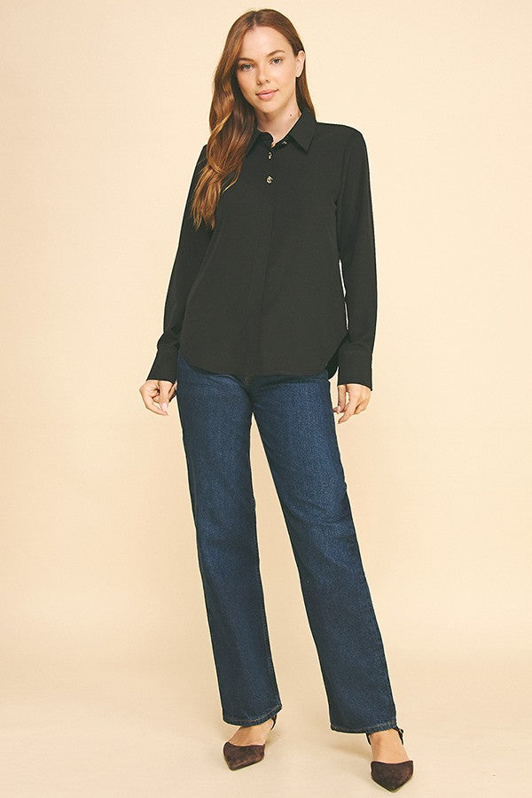 Textured Crepe Double Button Collar Blouse