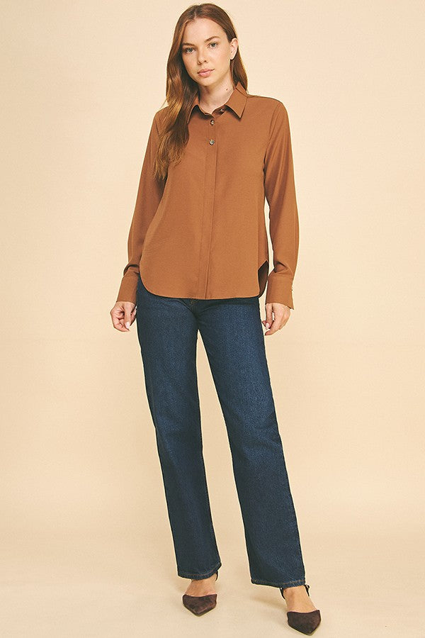 Textured Crepe Double Button Collar Blouse