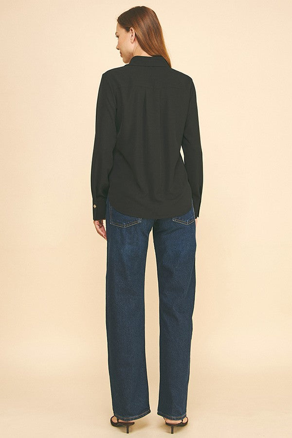 Textured Crepe Double Button Collar Blouse