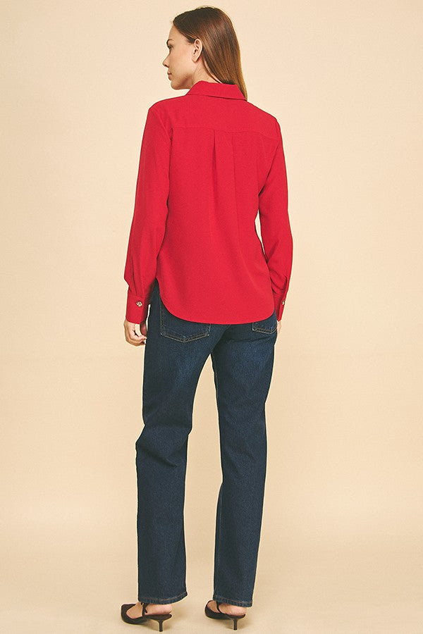 Textured Crepe Double Button Collar Blouse