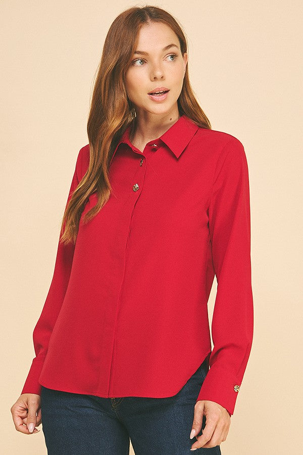 Textured Crepe Double Button Collar Blouse