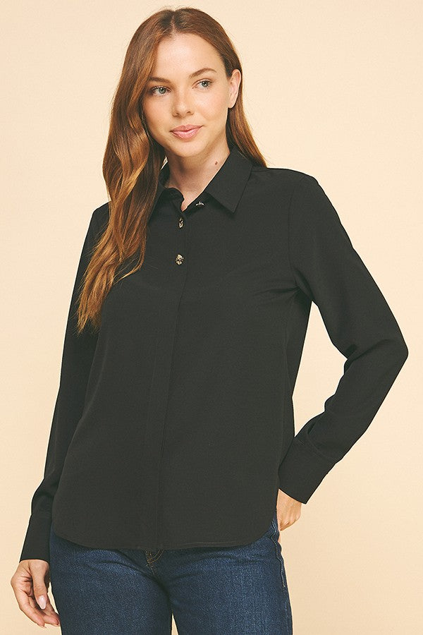 Textured Crepe Double Button Collar Blouse