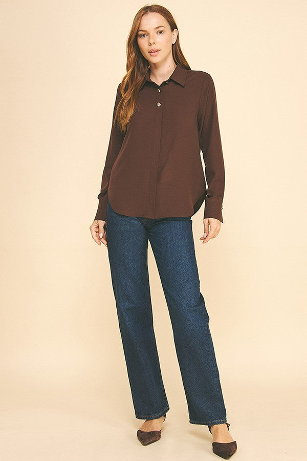 Textured Crepe Double Button Collar Blouse
