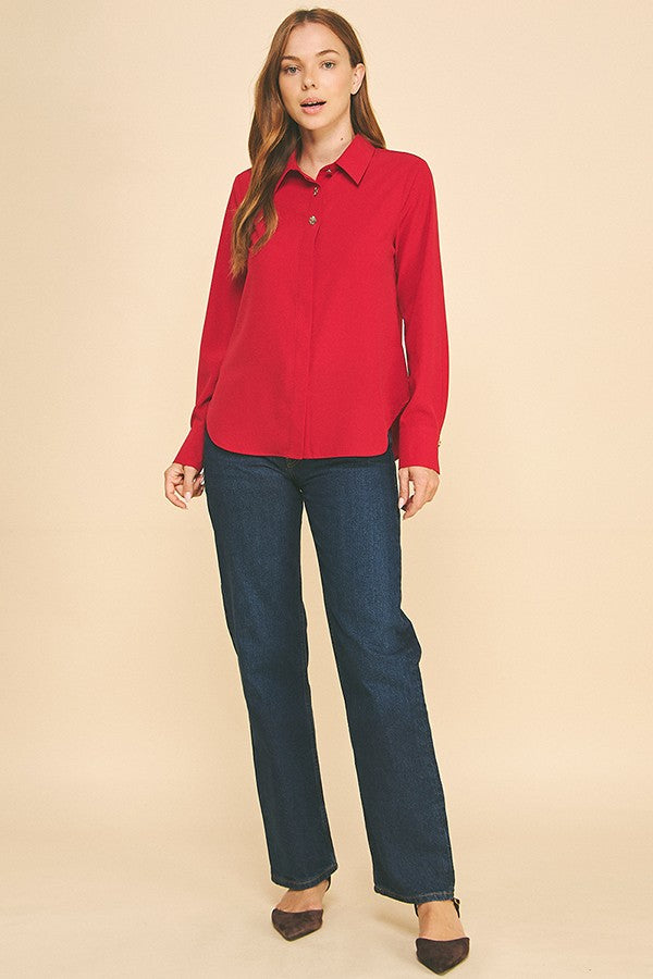Textured Crepe Double Button Collar Blouse