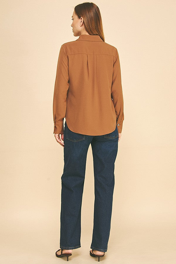 Textured Crepe Double Button Collar Blouse