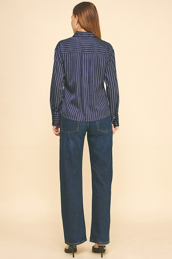 Striped Charmeuse Oversized Dress Shirt Blouse