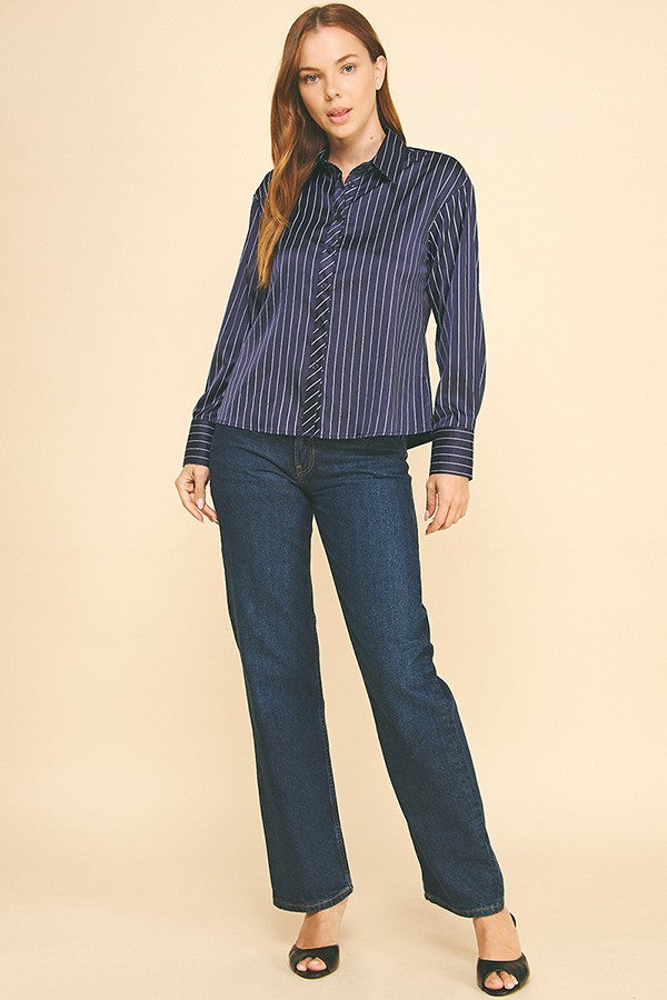 Striped Charmeuse Oversized Dress Shirt Blouse