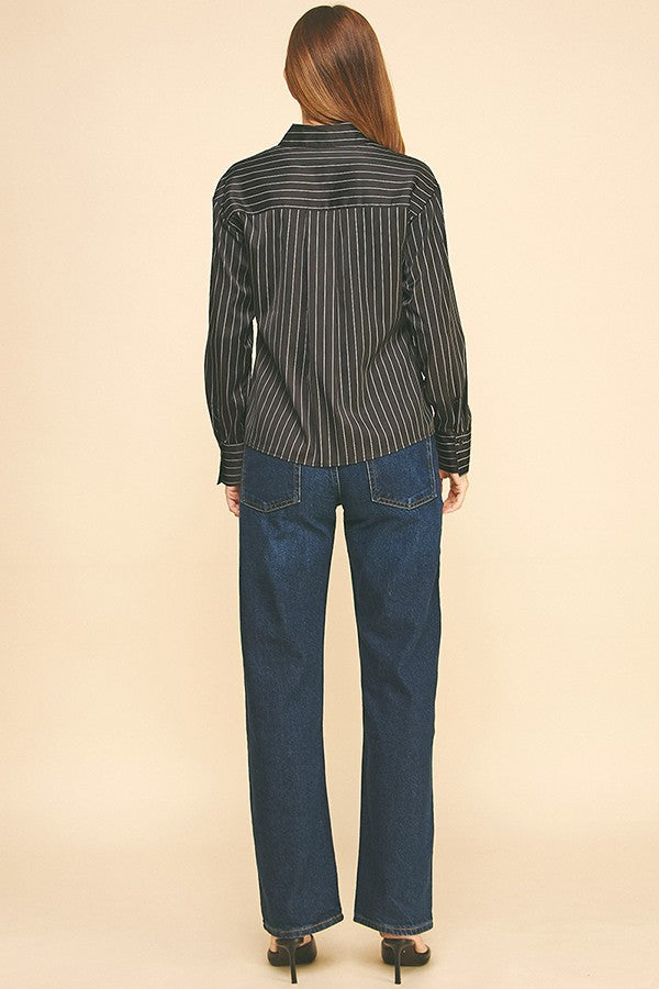 Striped Charmeuse Oversized Dress Shirt Blouse