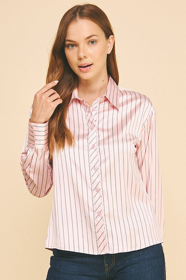Striped Charmeuse Oversized Dress Shirt Blouse