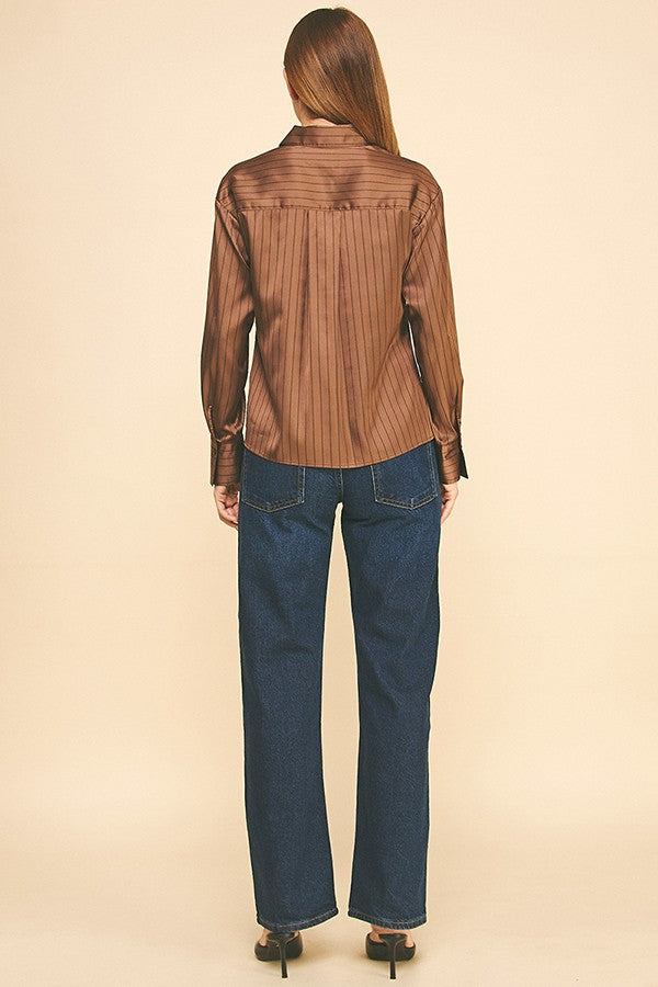 Striped Charmeuse Oversized Dress Shirt Blouse