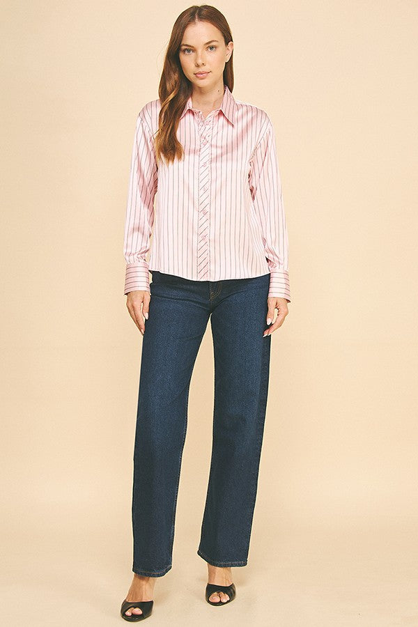 Striped Charmeuse Oversized Dress Shirt Blouse
