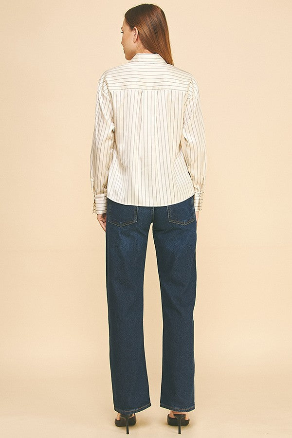 Striped Charmeuse Oversized Dress Shirt Blouse