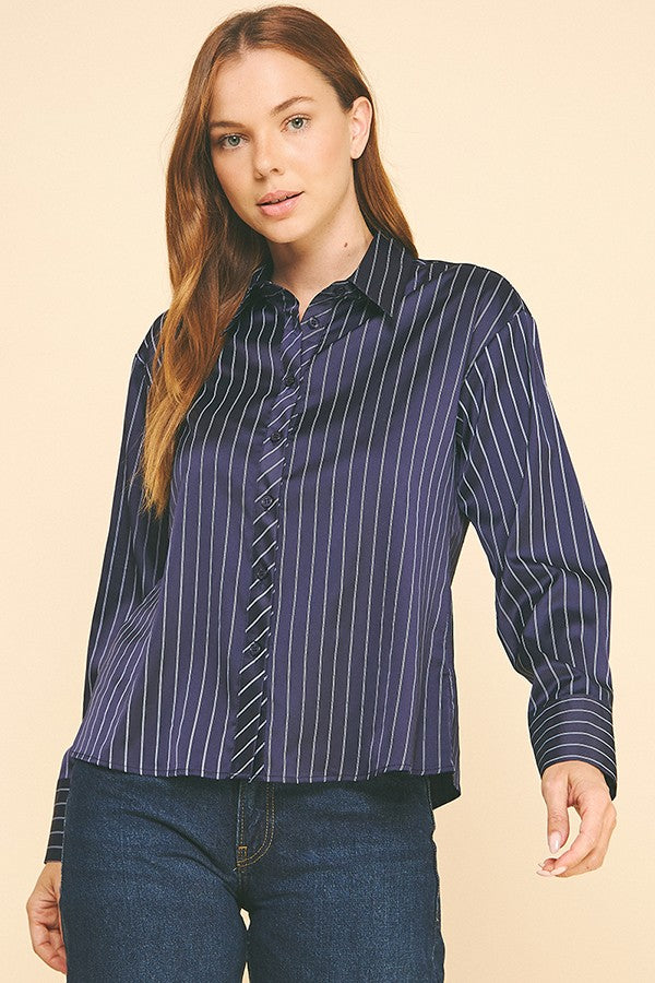 Striped Charmeuse Oversized Dress Shirt Blouse