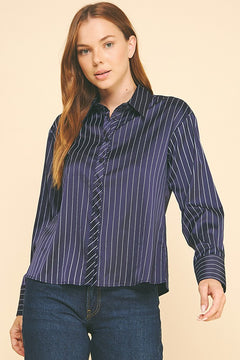 Striped Charmeuse Oversized Dress Shirt Blouse