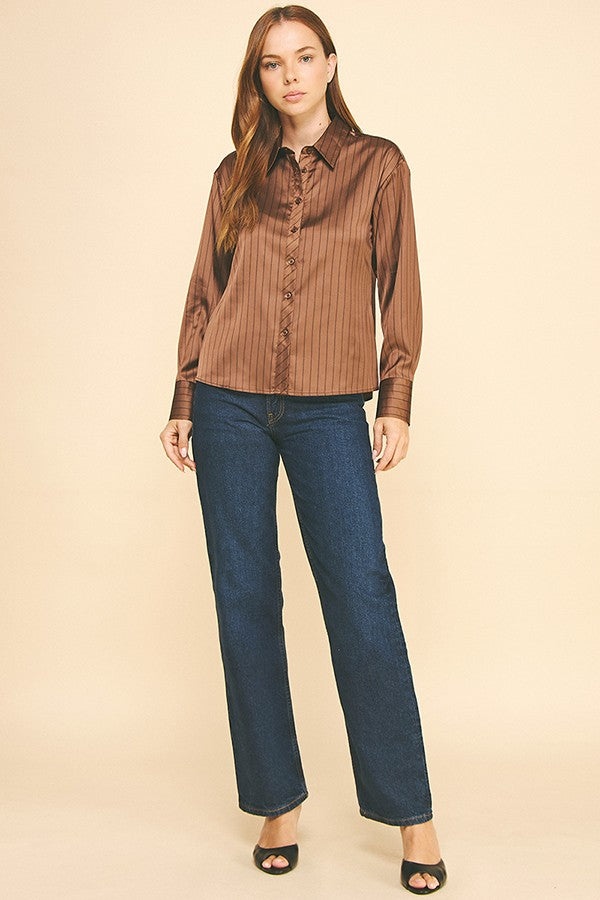 Striped Charmeuse Oversized Dress Shirt Blouse