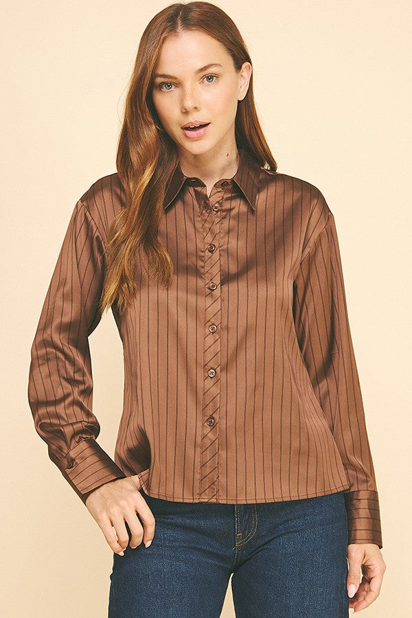 Striped Charmeuse Oversized Dress Shirt Blouse