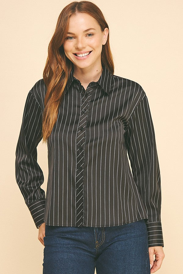 Striped Charmeuse Oversized Dress Shirt Blouse