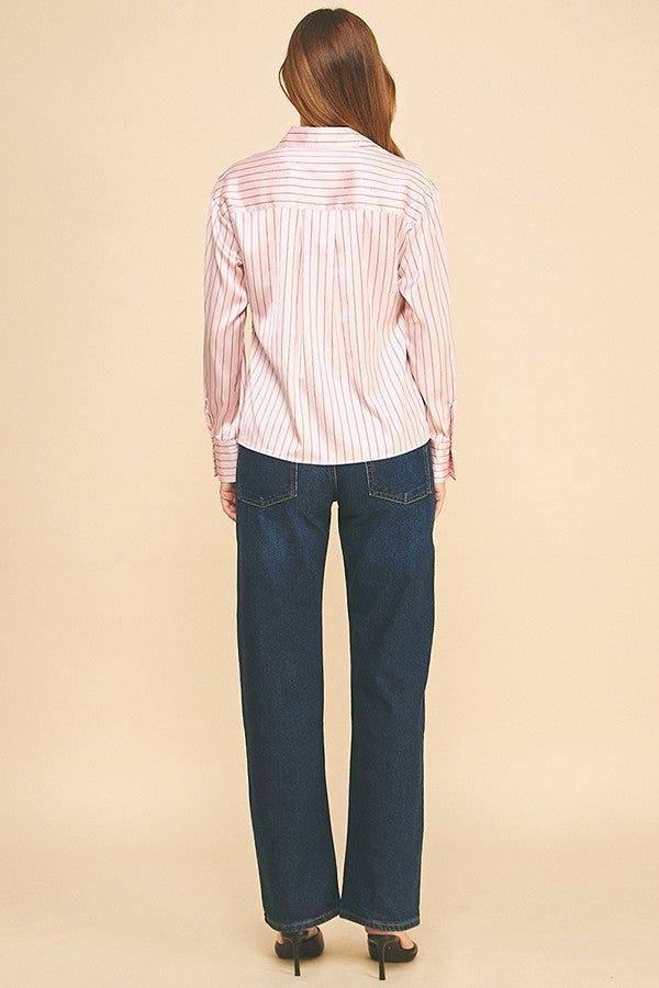 Striped Charmeuse Oversized Dress Shirt Blouse