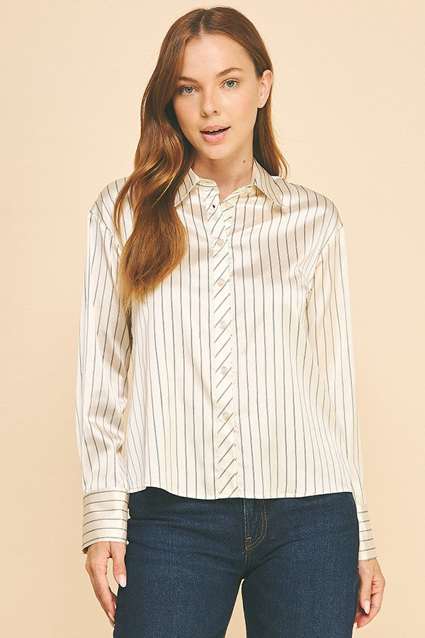 Striped Charmeuse Oversized Dress Shirt Blouse