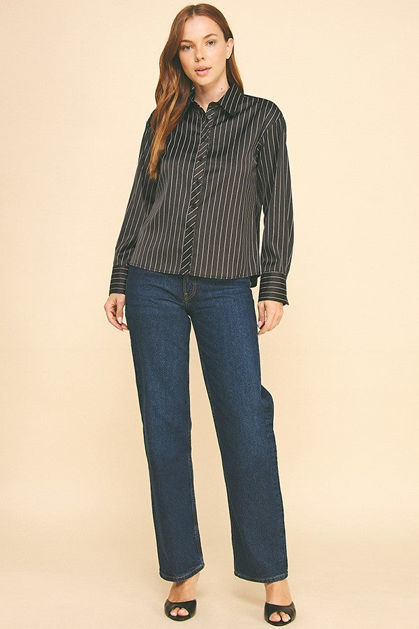 Striped Charmeuse Oversized Dress Shirt Blouse