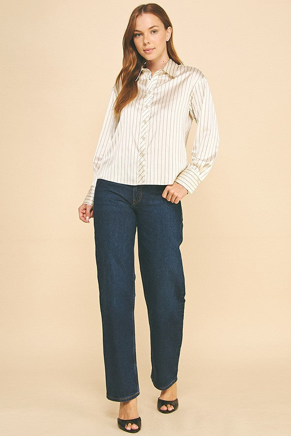 Striped Charmeuse Oversized Dress Shirt Blouse
