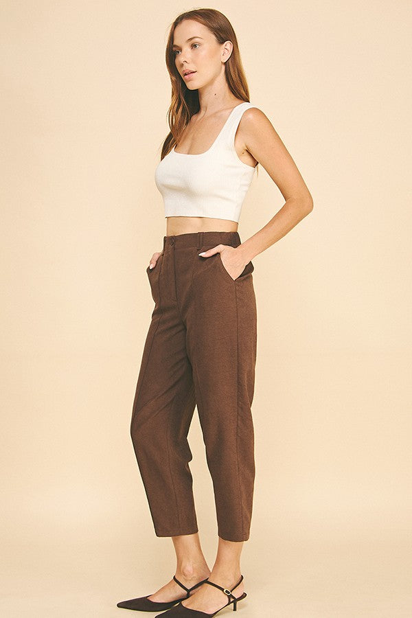 Sueded Satin Cropped Leg Tailored Barrel Trousers Pants