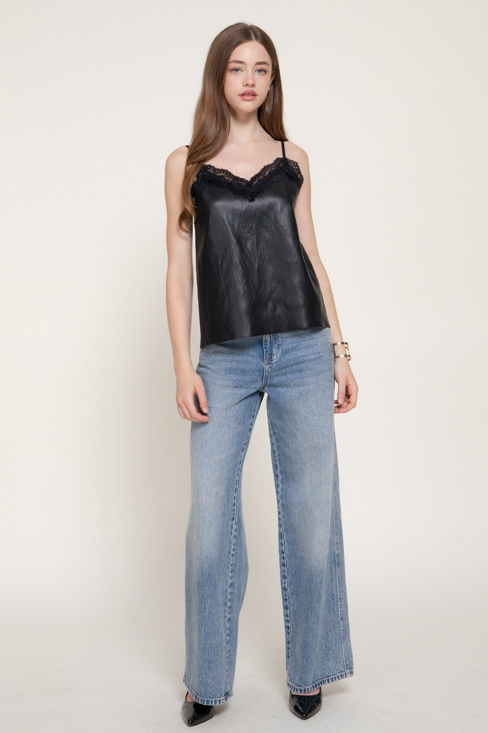Lace Trimmed Faux Leathr Camisole Top