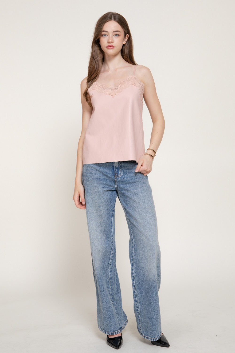 Lace Trimmed Faux Leathr Camisole Top