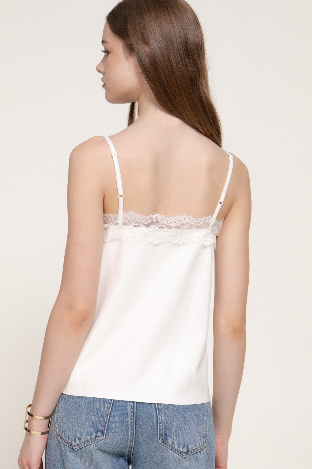 Lace Trimmed Faux Leathr Camisole Top