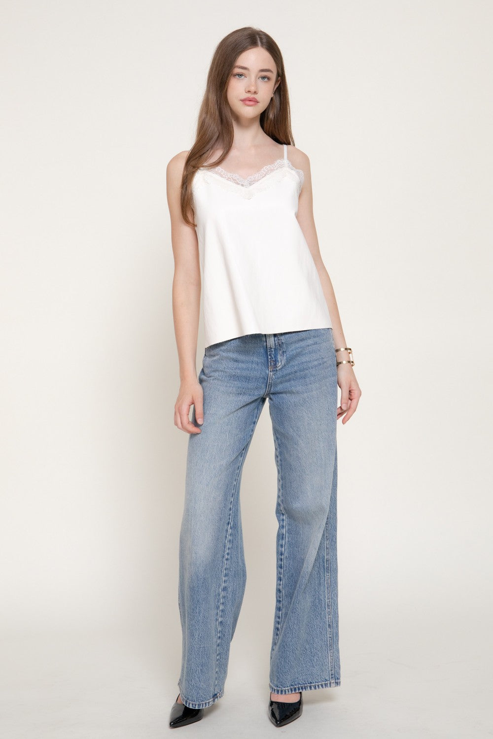 Lace Trimmed Faux Leathr Camisole Top