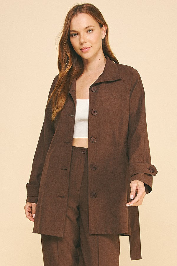 Sueded Satin Belted Funnel Neck Walker Coat Jacket