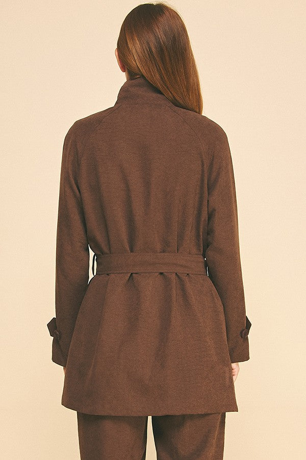 Sueded Satin Belted Funnel Neck Walker Coat Jacket