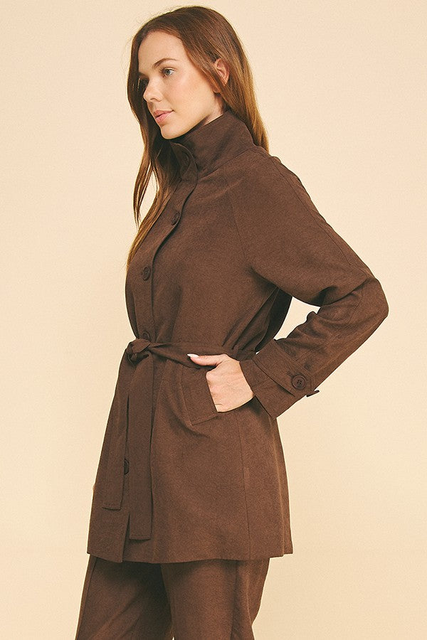Sueded Satin Belted Funnel Neck Walker Coat Jacket