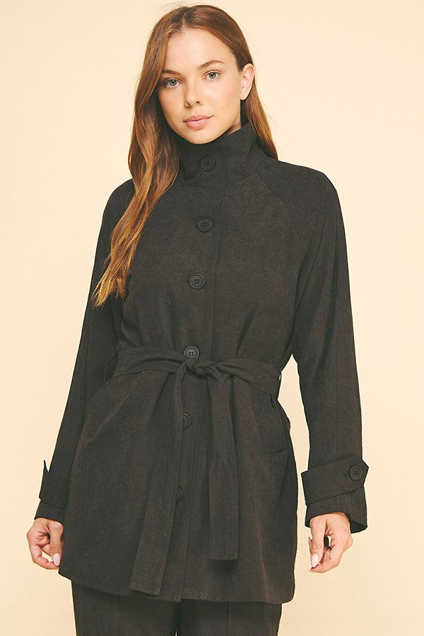 Sueded Satin Belted Funnel Neck Walker Coat Jacket