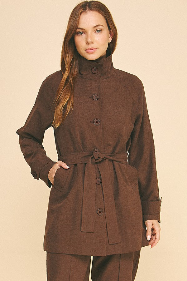 Sueded Satin Belted Funnel Neck Walker Coat Jacket