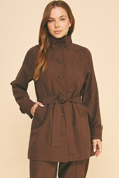 Sueded Satin Belted Funnel Neck Walker Coat Jacket