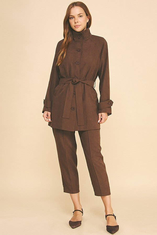 Sueded Satin Belted Funnel Neck Walker Coat Jacket