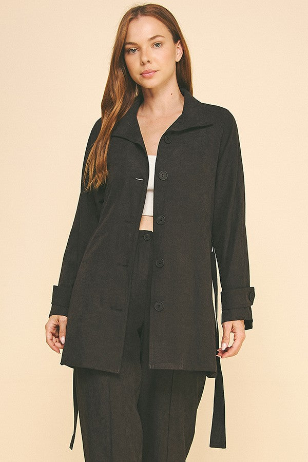 Sueded Satin Belted Funnel Neck Walker Coat Jacket