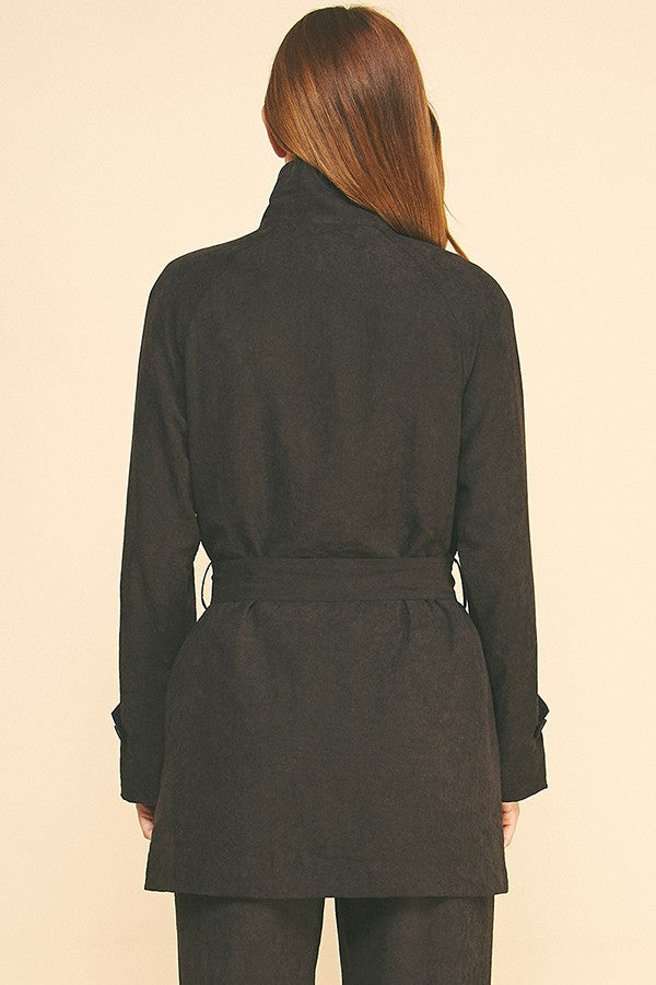 Sueded Satin Belted Funnel Neck Walker Coat Jacket